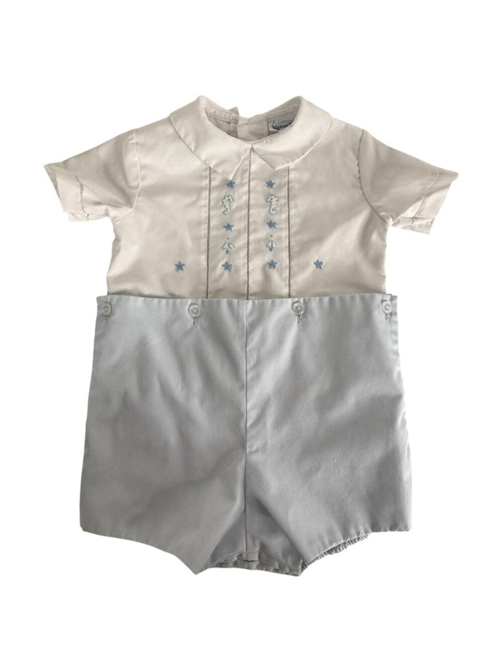 VTG Nannette Baby Boy Outfit White Blue Embroidered Romper Short Shirt Button 6M